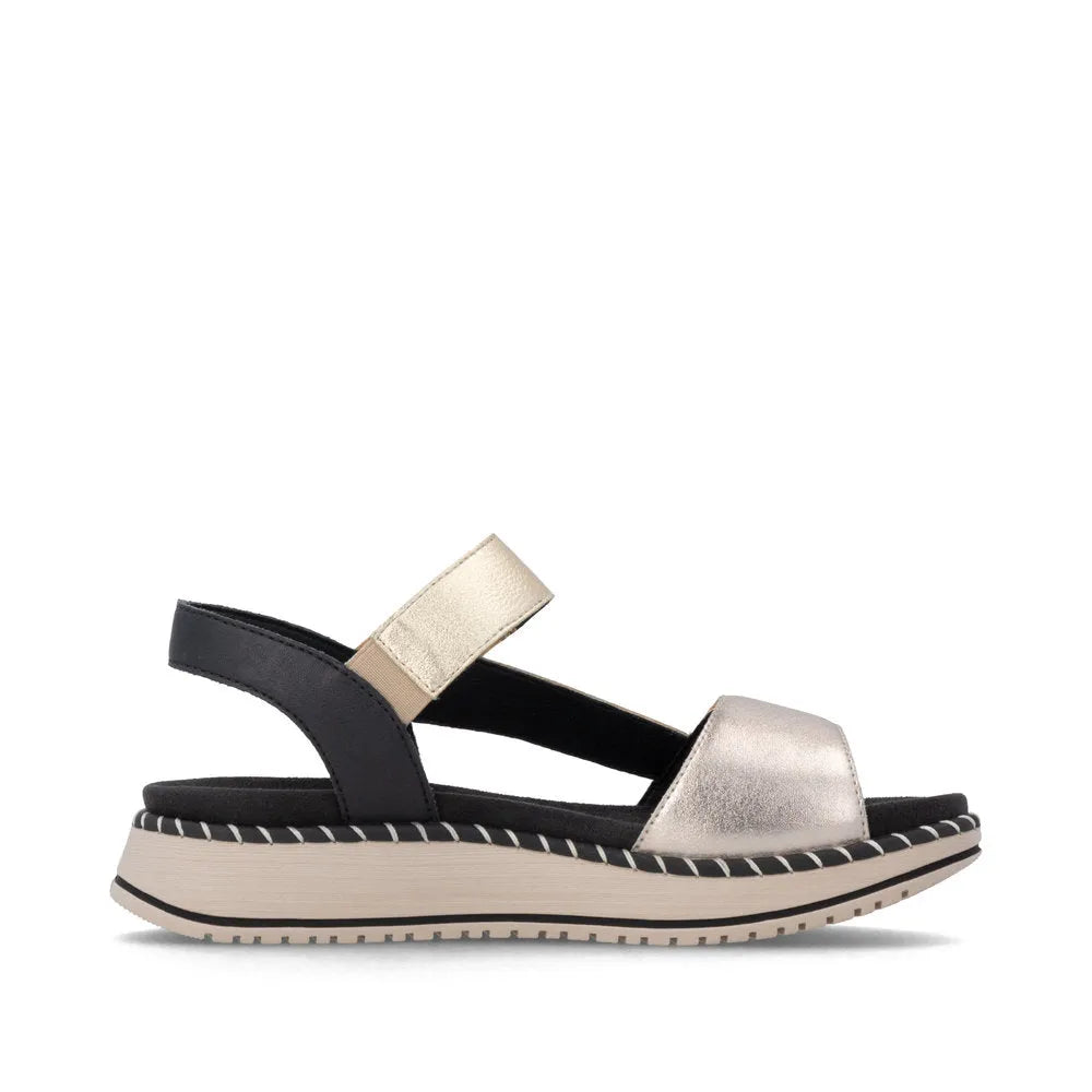 Remonte D3J50-90 women's multi-touch fastening sporty sandals with metallic silver, black straps, cushioned sole, and rubber outsole.