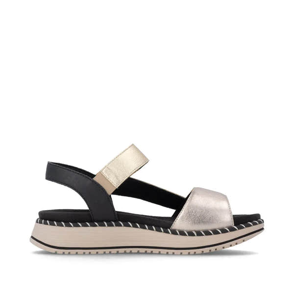 Remonte D3J50-90 women's multi-touch fastening sporty sandals with metallic silver, black straps, cushioned sole, and rubber outsole.