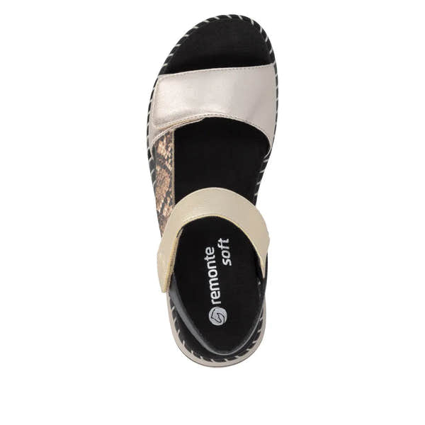 Remonte D3J50-90 women's multi-touch fastening sandals with black, beige, and snake print straps, comfortable soft insole, and casual open-toe design.