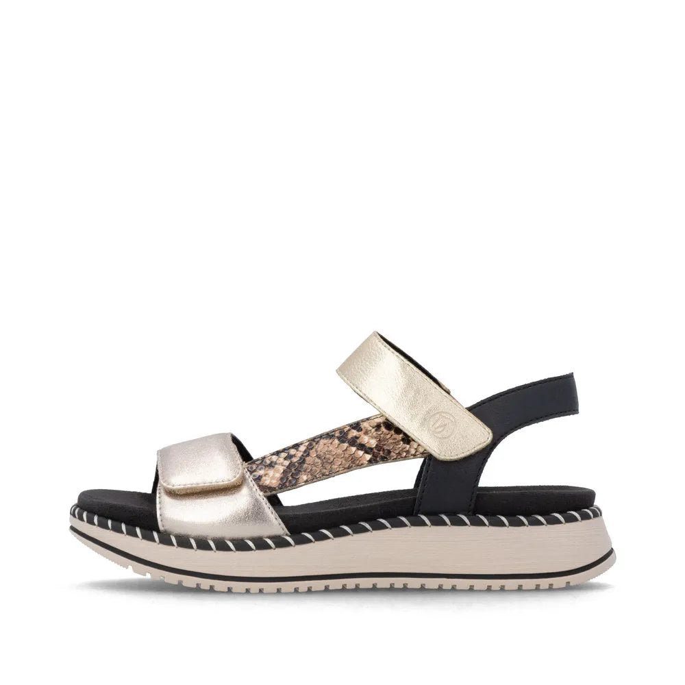 Remonte D3J50-90 women's multi-touch fastening sandals with metallic, snake print, and black straps, cushioned sole, and sporty design.