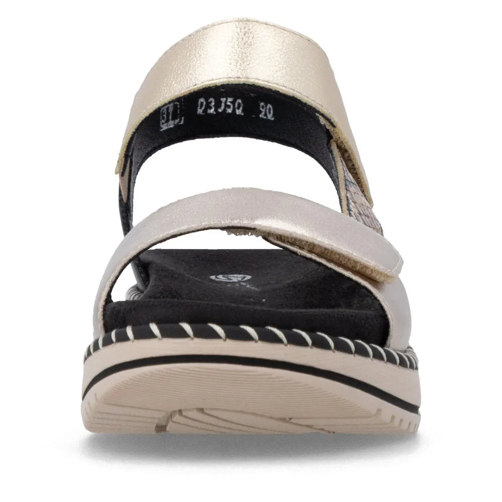 Remonte D3J50-90 women's multi-touch fastening sandals with beige and black straps, cushioned sole, and open-toe design.