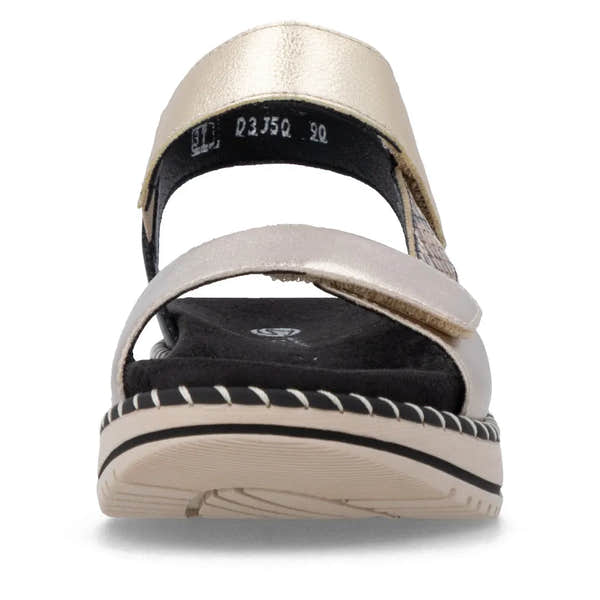 Remonte D3J50-90 women's multi-touch fastening sandals with beige and black straps, cushioned sole, and open-toe design.