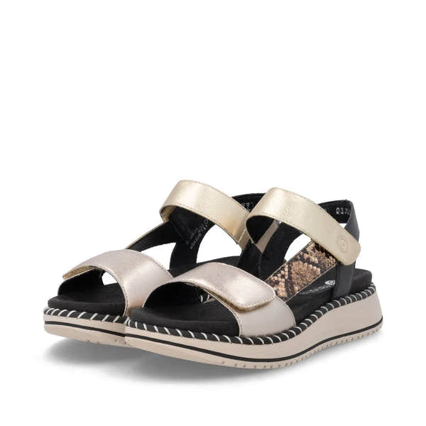 Remonte D3J50-90 women's multi-touch fastening sandals with black and metallic straps and snake print detail.