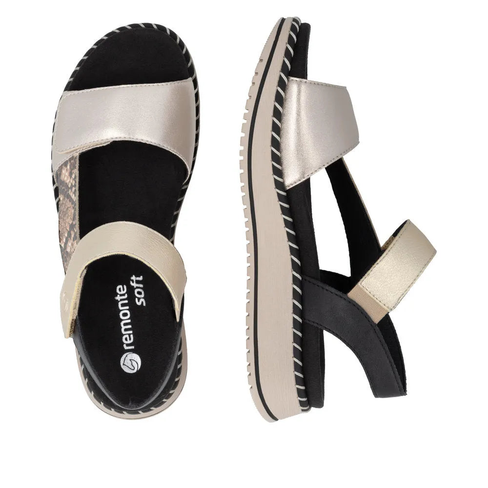 Remonte D3J50-90 women's multi-touch fastening sandals with black and beige straps, cushioned footbed, and sporty sole.