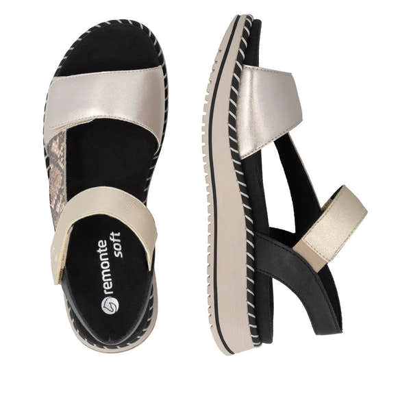 Remonte D3J50-90 women's multi-touch fastening sandals with black and beige straps, cushioned footbed, and sporty sole.