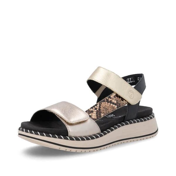 Remonte D3J50-90 women's multi-touch fastening sandals with metallic and snake-print straps, cushioned sole, and chunky platform heel.