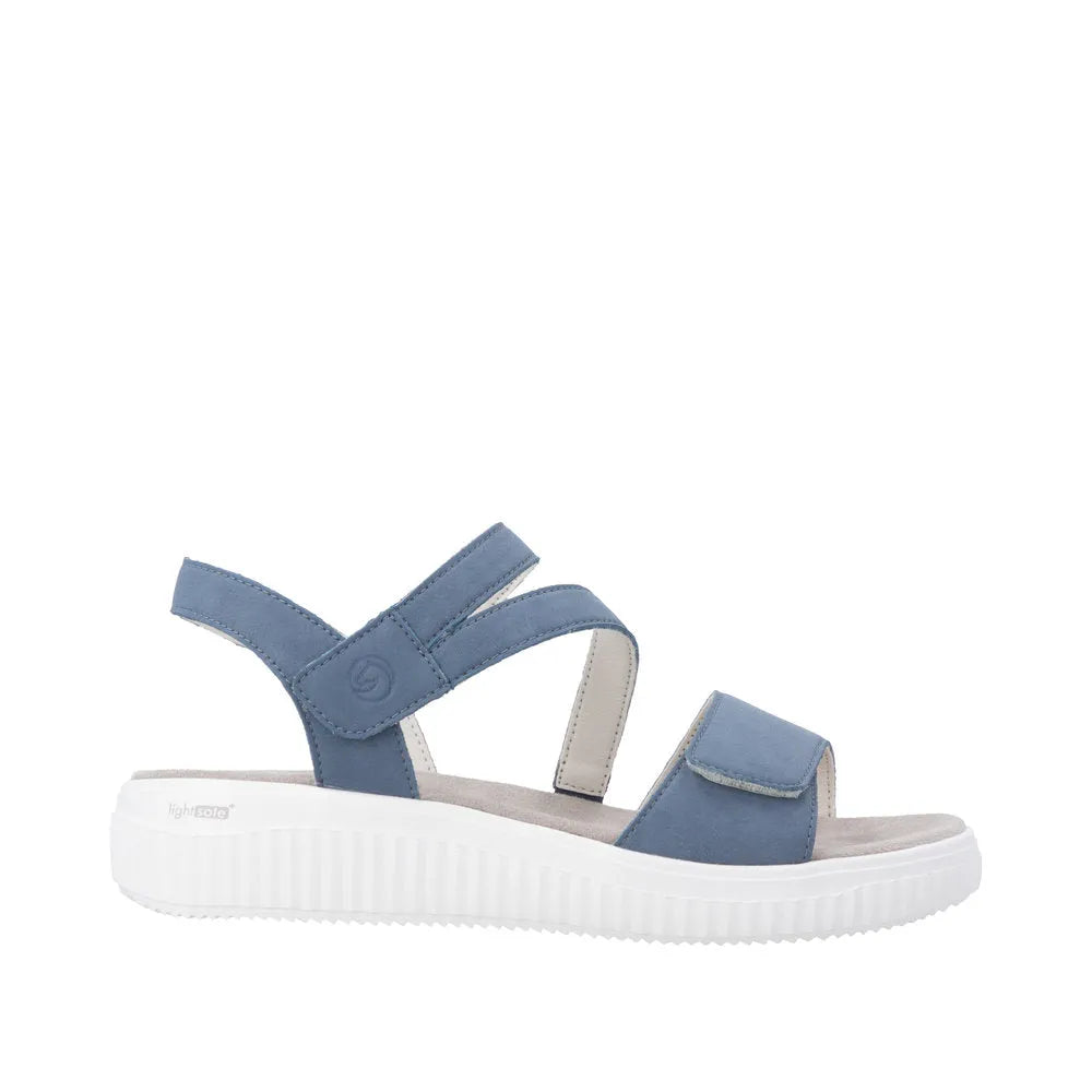 Remonte D3L51-14 women's wide fit indigo blue suede sandals with touch fastenings and a white sole.
