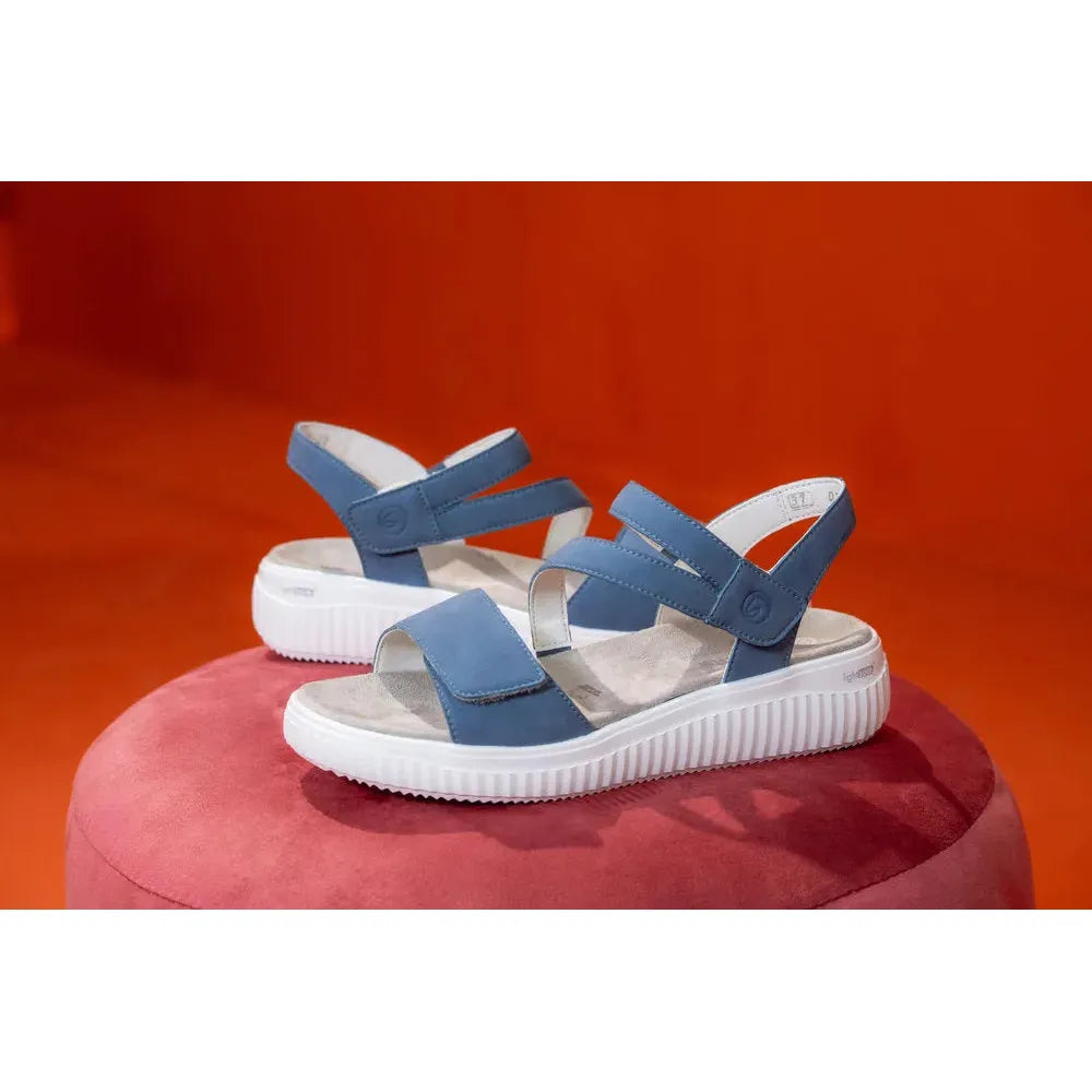 Remonte D3L51-14 women's blue suede touch fastening sandals with wide straps and chunky white sole.