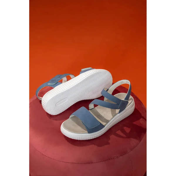 Remonte D3L51-14 women's indigo blue suede sandals with touch fastening, chunky white sole, open toe, and ankle straps.