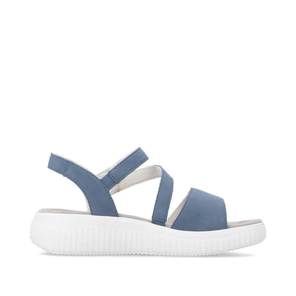 Remonte D3L51-14 women's indigo blue suede sandals with touch fastening straps and a white chunky sole.