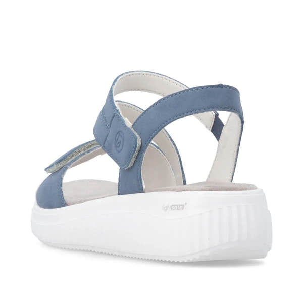 Remonte D3L51-14 women's wider indigo blue suede touch fastening sandals with chunky white sole.