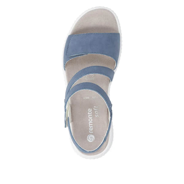 Remonte D3L51-14 Ladies indigo blue suede sandals with touch fastening, wide fit, cushioned insole, and comfortable outsole.