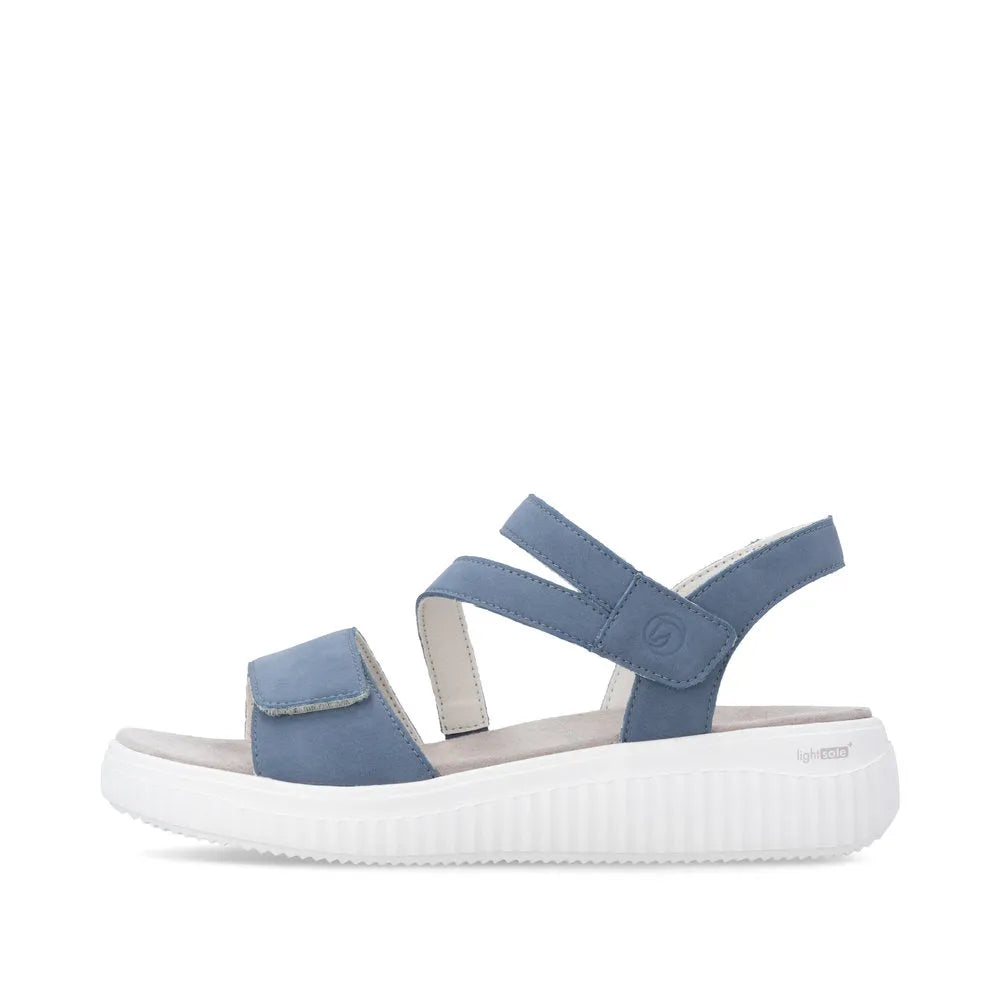 Remonte D3L51-14 women's indigo blue suede sandals with touch fastening, wide fit, and cushioned sole.