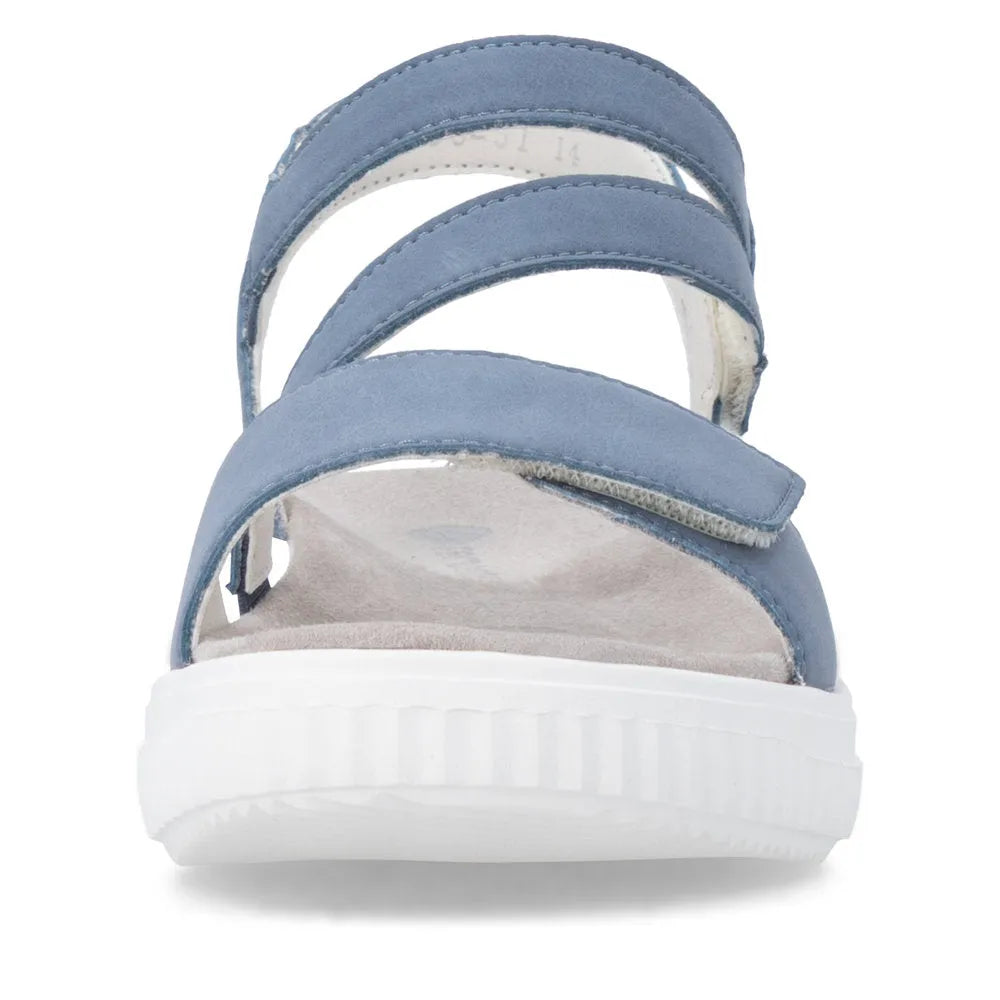Remonte D3L51-14 women's indigo blue suede sandals with touch-fastening straps and a white rubber sole.