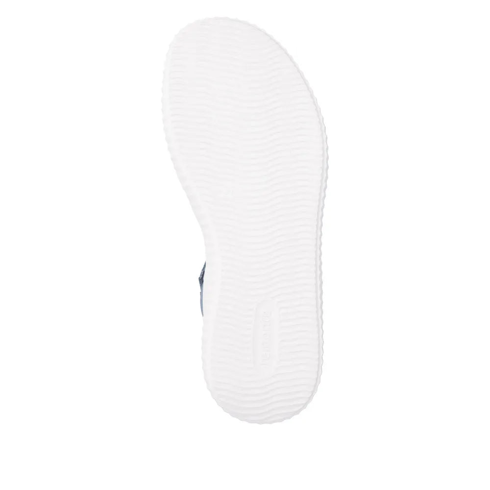 Remonte D3L51-14 ladies indigo blue suede sandals with wide fit and touch fastening, featuring a white rubber sole.