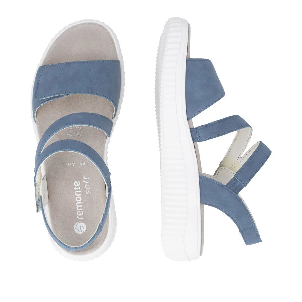 Remonte D3L51-14 women's wider indigo blue suede touch fastening sandals with white sole.