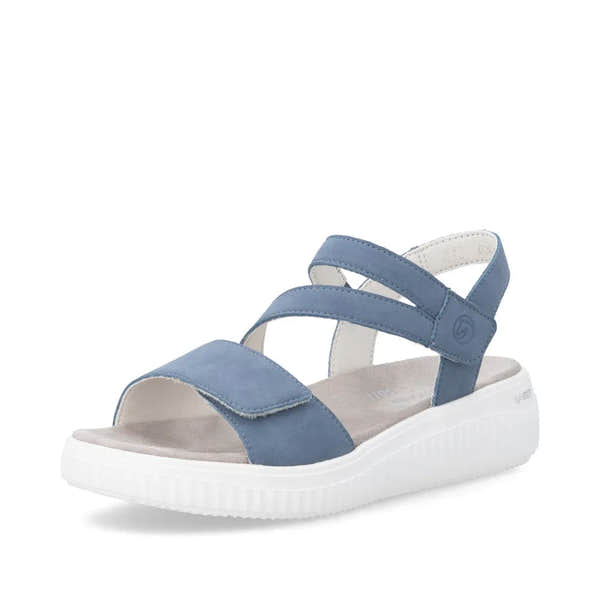 Remonte D3L51-14 women's indigo blue suede sandals with touch-fastening straps and white sole, comfortable and stylish.
