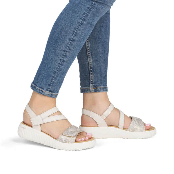 Remonte D3L51-60 women's wide-fit off-white and gold leather sandals with touch-fastening straps and chunky sole.