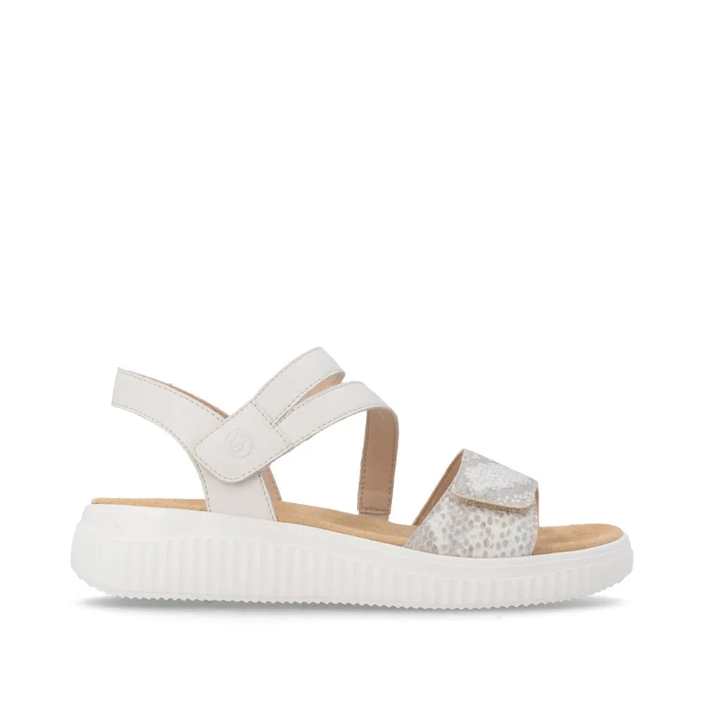 Remonte D3L51-60 women's wide off-white and gold leather touch-fastening sandals with adjustable straps and textured sole.
