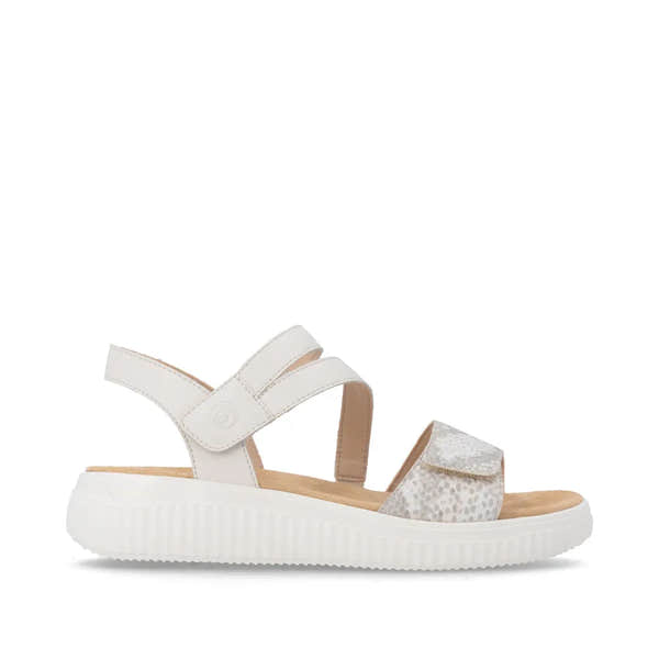 Remonte D3L51-60 women's wide off-white and gold leather touch-fastening sandals with adjustable straps and textured sole.