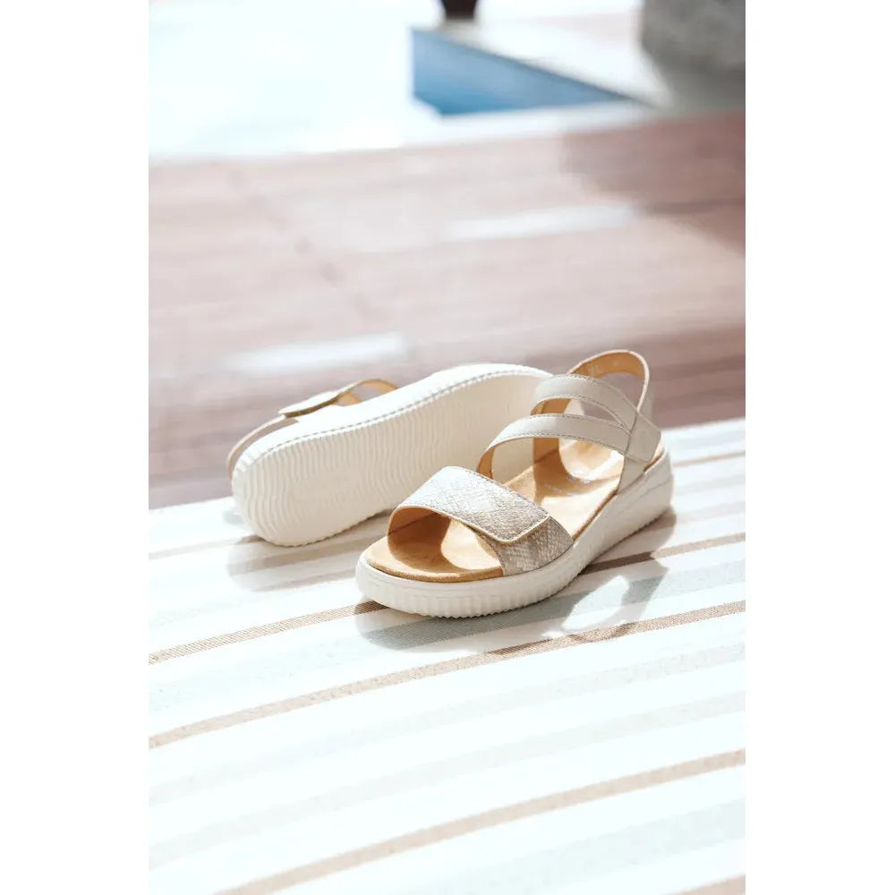 Remonte D3L51-60 women's wide off-white and gold leather sandals with touch fastening, casual summer footwear.