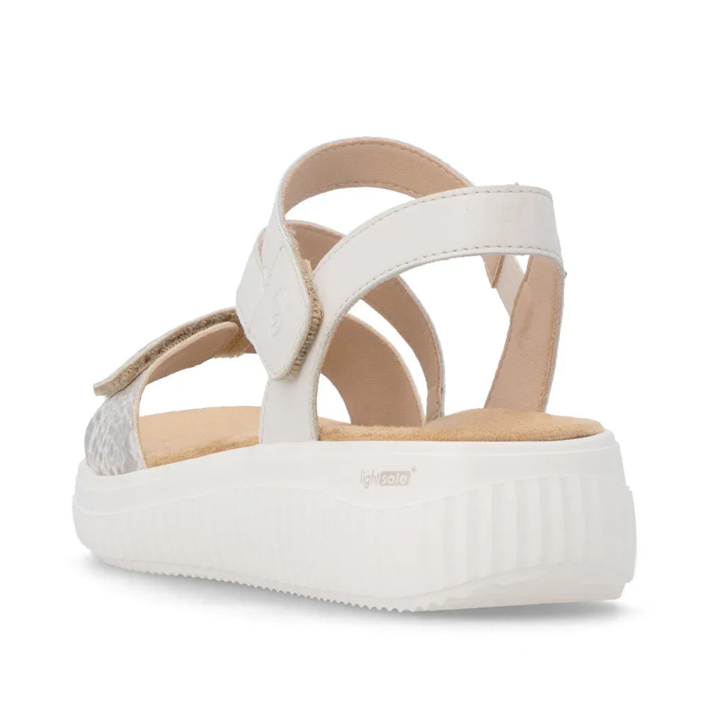 Remonte D3L51-60 women's wide off-white and gold leather touch-fastening sandals with platform sole.