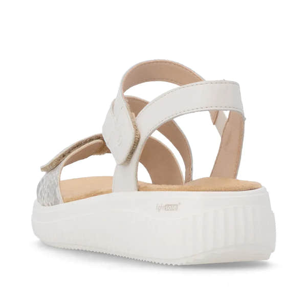 Remonte D3L51-60 women's wide off-white and gold leather touch-fastening sandals with platform sole.
