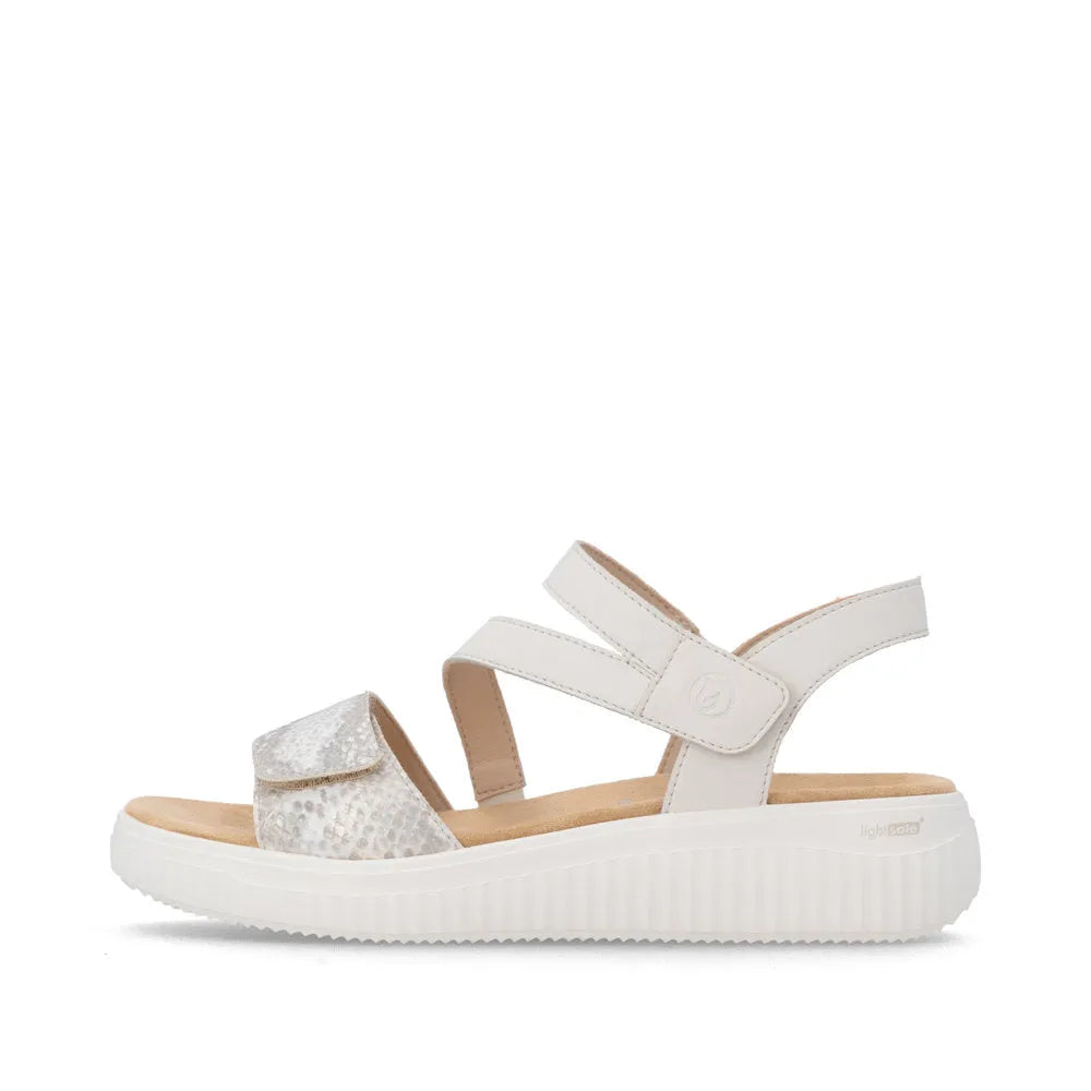 Remonte D3L51-60 women's wide fit off-white and gold leather touch fastening sandals with comfortable sole and open toe design.