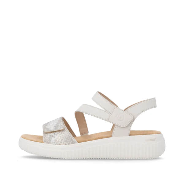 Remonte D3L51-60 women's wide fit off-white and gold leather touch fastening sandals with comfortable sole and open toe design.