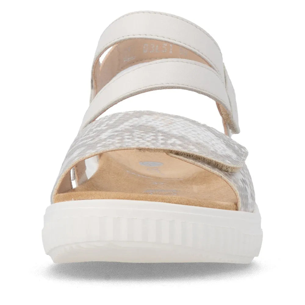 Remonte D3L51-60 women's wide off-white and gold leather touch-fastening sandals with strappy design and cushioned sole.