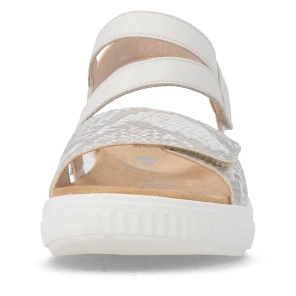 Remonte D3L51-60 women's wide off-white and gold leather touch-fastening sandals with strappy design and cushioned sole.