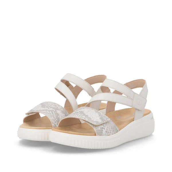 Remonte D3L51-60 women's wide off-white and gold leather sandals with touch-fastening straps and snake print detail.