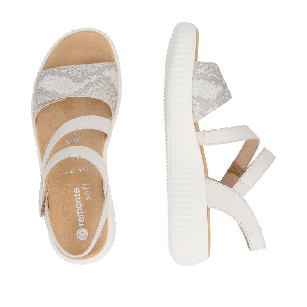 Remonte D3L51-60 women's wide off-white and gold leather touch fastening sandals with snake print straps and chunky sole.