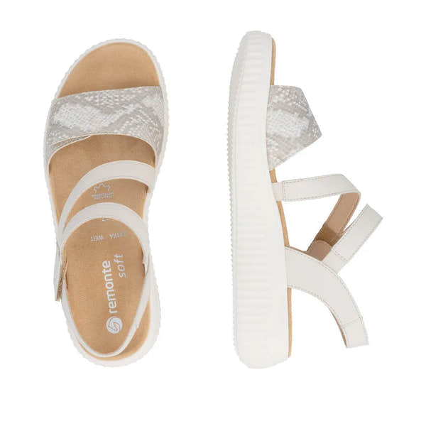 Remonte D3L51-60 women's wide off-white and gold leather touch fastening sandals with snake print straps and chunky sole.