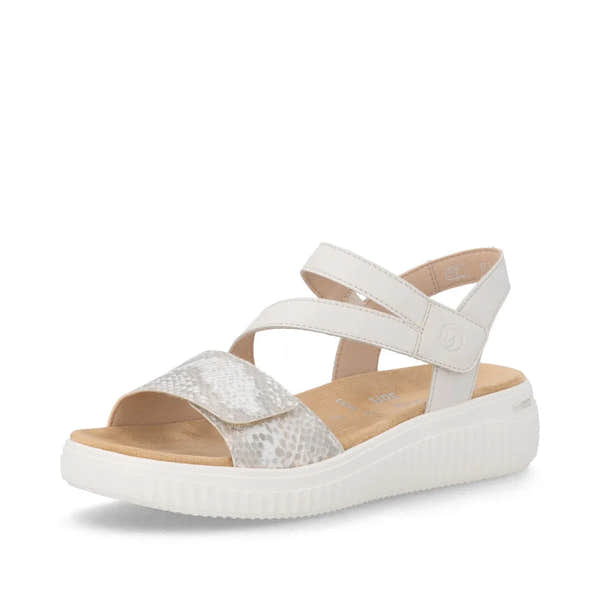 Remonte D3L51-60 women's wide off-white and gold leather touch-fastening sandal with snake-print strap, cushioned sole, and adjustable straps.
