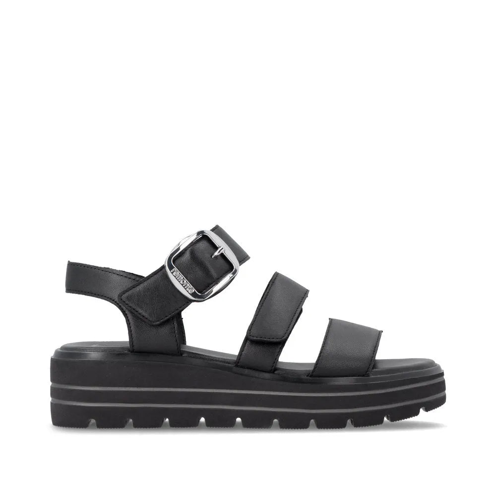 Remonte D3N50-00 women's black leather touch-fastening sandals with chunky sole and adjustable buckle strap.
