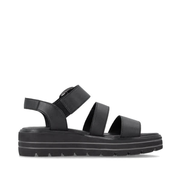 Remonte D3N50-00 women's black leather touch fastening sandals with chunky sole and open toe design.