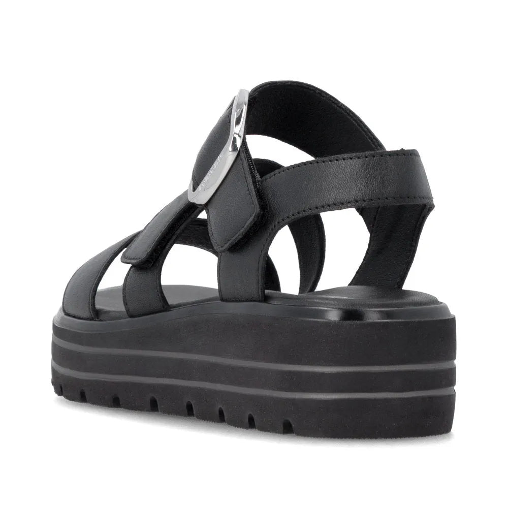 Remonte D3N50-00 women's black leather touch fastening sandals with chunky platform sole and adjustable straps.