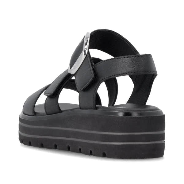 Remonte D3N50-00 women's black leather touch fastening sandals with chunky platform sole and adjustable straps.