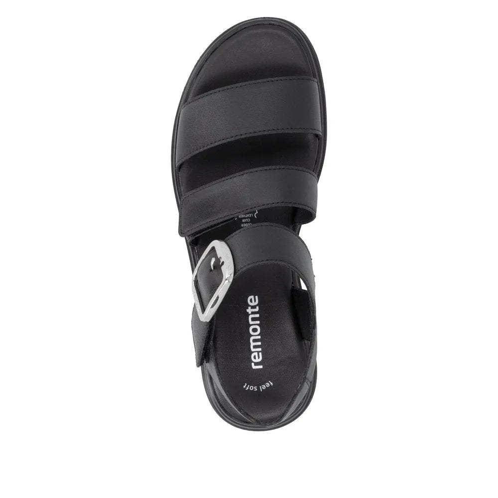 Remonte D3N50-00 women's black leather touch-fastening sandals with adjustable straps and cushioned insole.