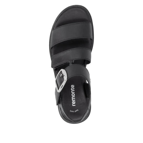 Remonte D3N50-00 women's black leather touch-fastening sandals with adjustable straps and cushioned insole.