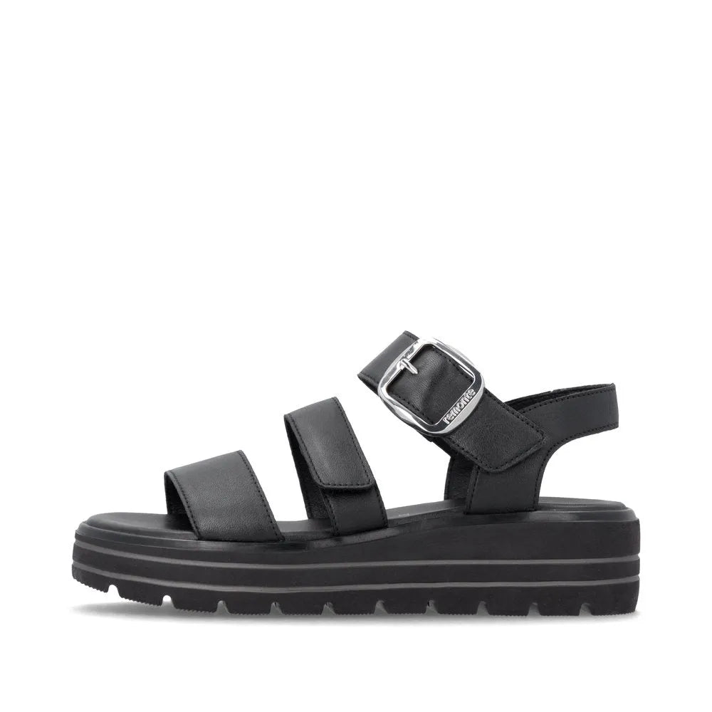 Remonte D3N50-00 women's black leather touch fastening sandals with chunky platform sole and adjustable buckle strap.