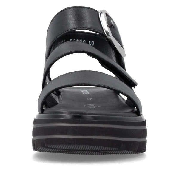 Remonte D3N50-00 women's black leather touch fastening sandals with chunky sole and adjustable ankle strap.