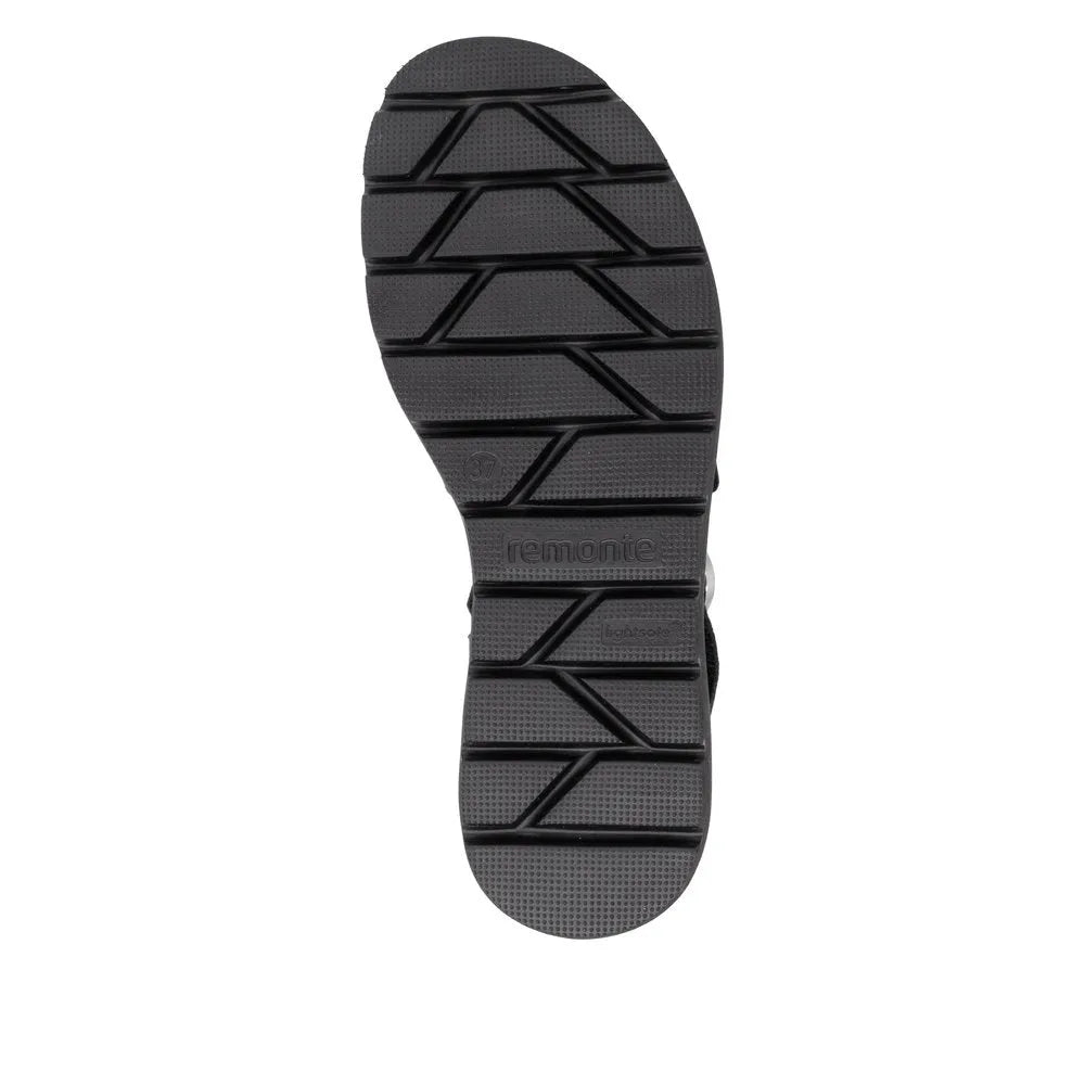 Remonte D3N50-00 women's black leather touch fastening sandals with textured sole and secure strap closure.