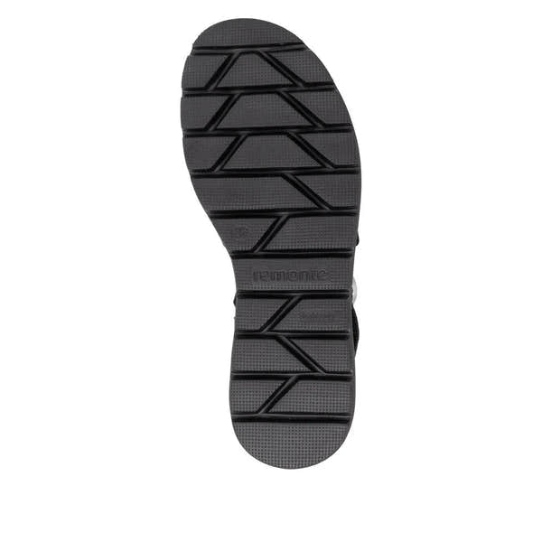 Remonte D3N50-00 women's black leather touch fastening sandals with textured sole and secure strap closure.
