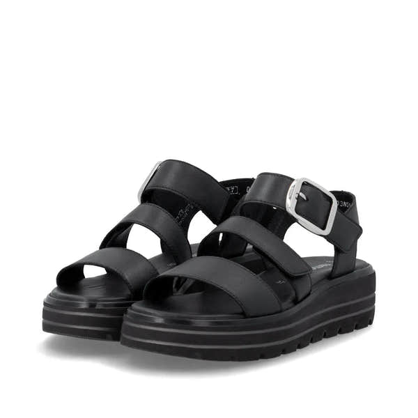 Remonte D3N50-00 women's black leather touch fastening sandals with chunky sole and adjustable ankle strap.
