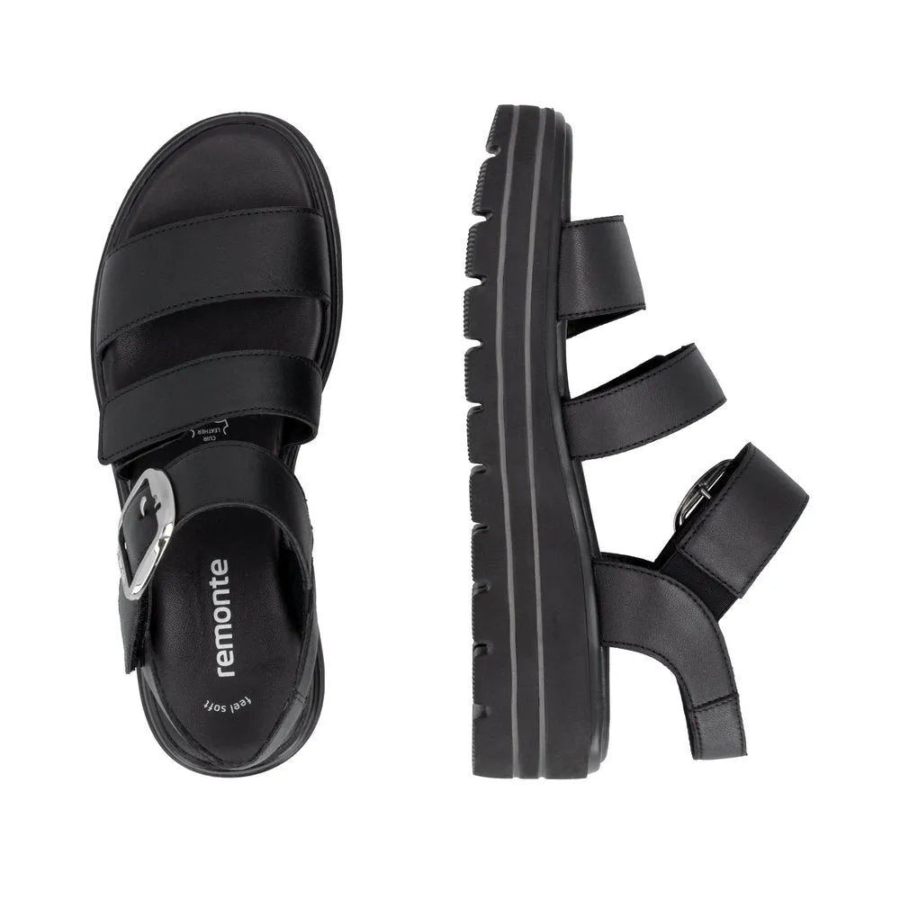Remonte D3N50-00 women's black leather touch-fastening sandals with chunky sole and adjustable straps.