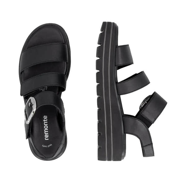 Remonte D3N50-00 women's black leather touch-fastening sandals with chunky sole and adjustable straps.