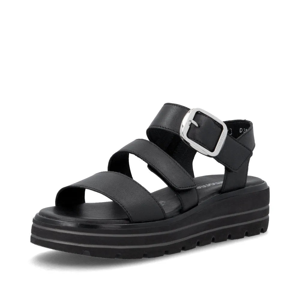 Remonte D3N50-00 women's black leather touch fastening sandals with chunky platform sole and adjustable ankle strap.