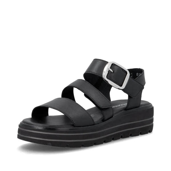 Remonte D3N50-00 women's black leather touch fastening sandals with chunky platform sole and adjustable ankle strap.